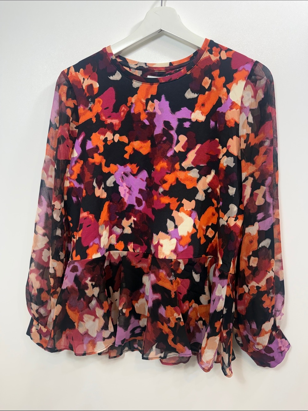 Chico’s brushed chiffon peplum top long sleeve purple orange size medium. NWT.